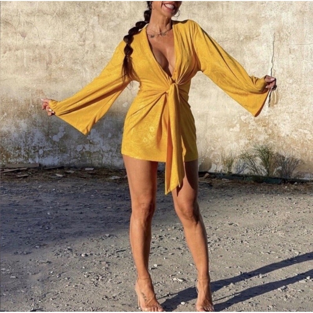 Zara Mustard Yellow Jacquard Floral Front Knot Plunging Mini Dress or Top Boho - Picture 5 of 8